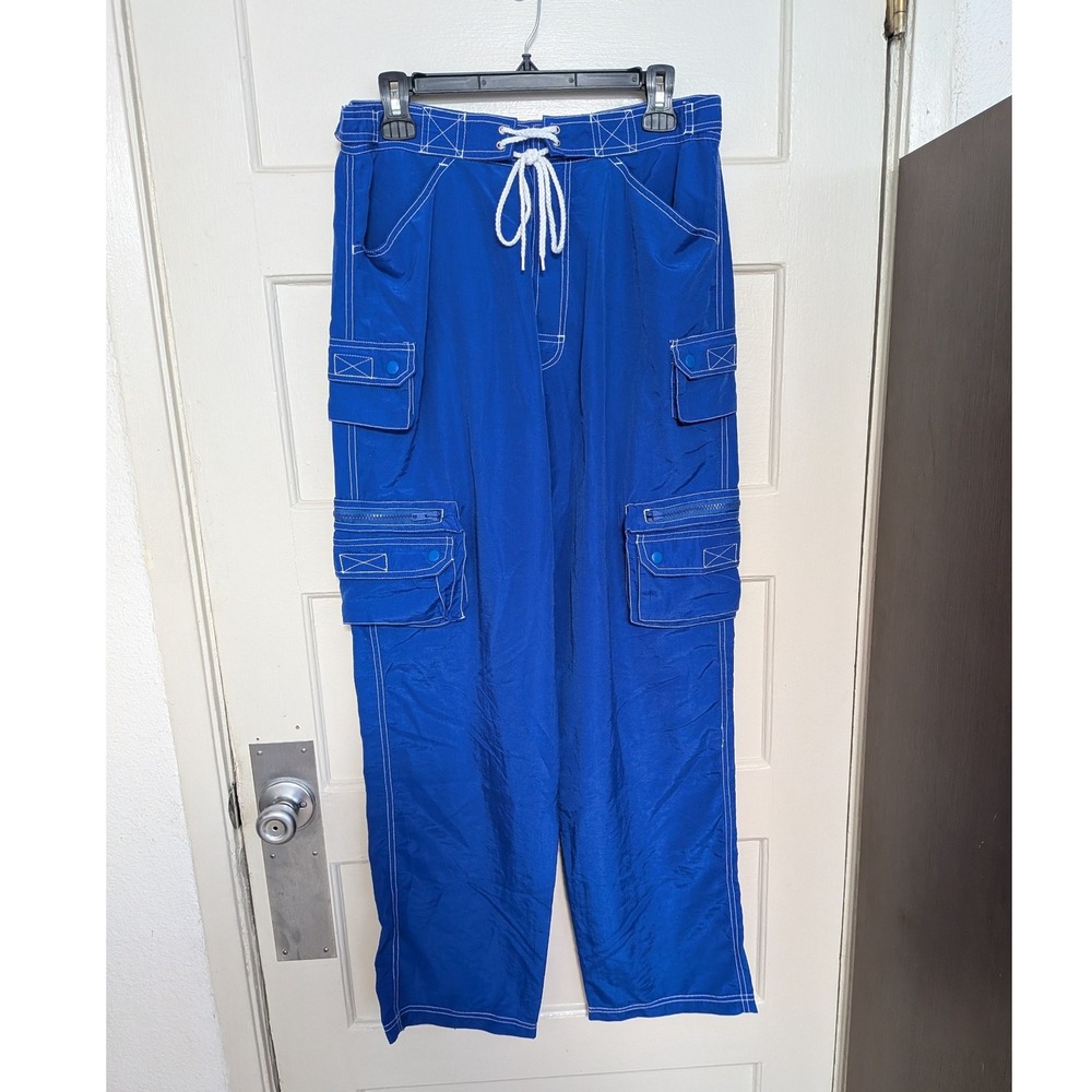 Vintage Jocko Millennium Blue Nylon Cargo Rave Pants Baggy White Stitch
